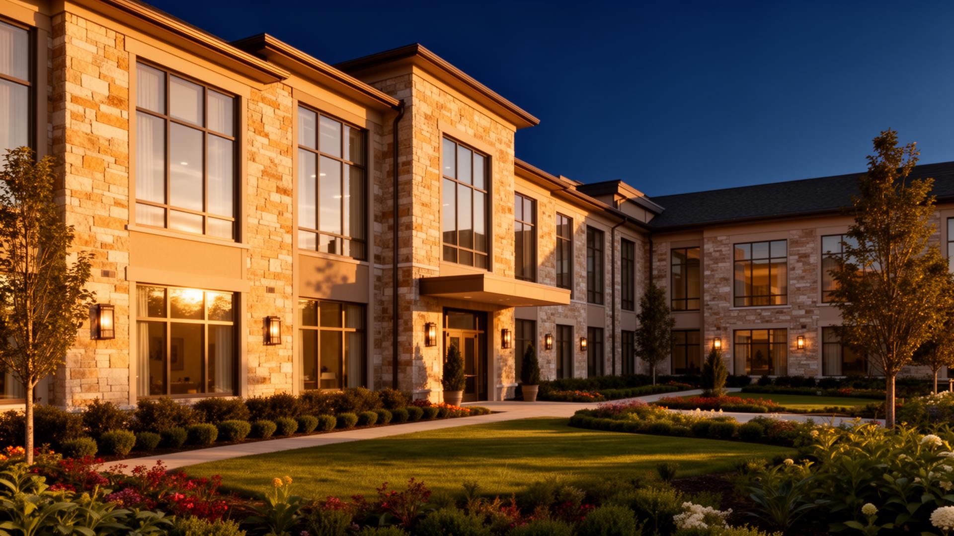 A senior living community at golden hour